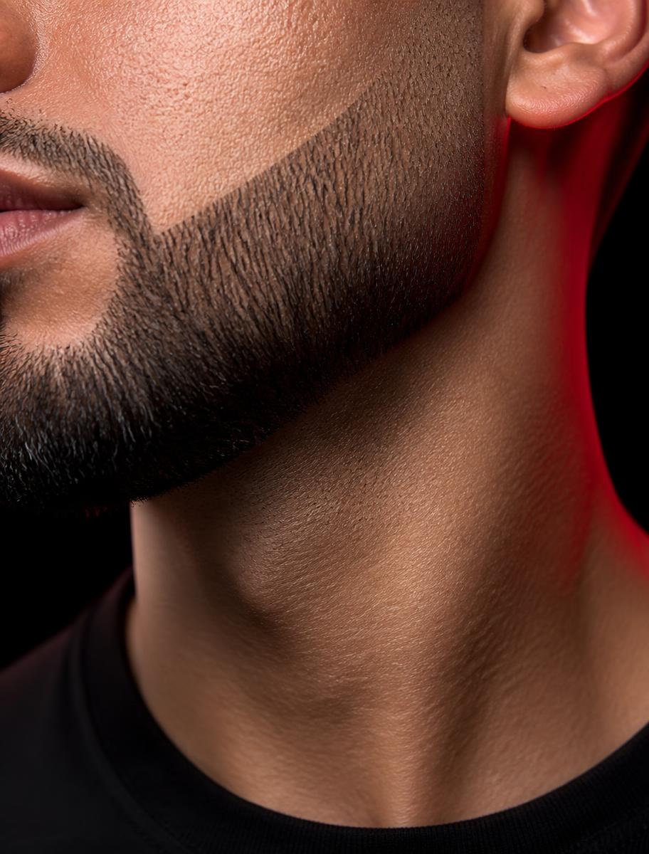 Detalhe de barba alinhada junto ao maxilar